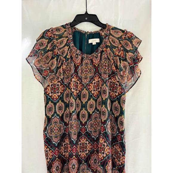 LOFT Tops - LOFT Women's Multicolor Geometric Flutter Sleeve Ruffle Round Neck Blouse L